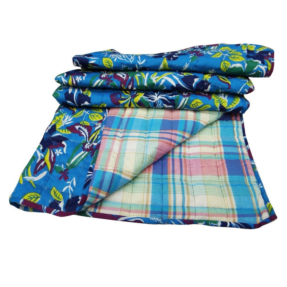 46" X 38" Blue Crib Size Quilt Handmade Floral Embroidered Bedspread Reversible Baby Gudari Indian Traditional Ralli - NGQ263