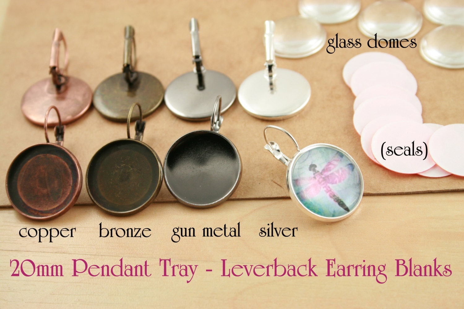 Make Your Own Earring Kit - Silver, Antique, Gun Metal. 10 Pair Set Craft Kit - 20 Leverback Earrings, 20mm, 20 Glass Domes, 20 Photo Seals