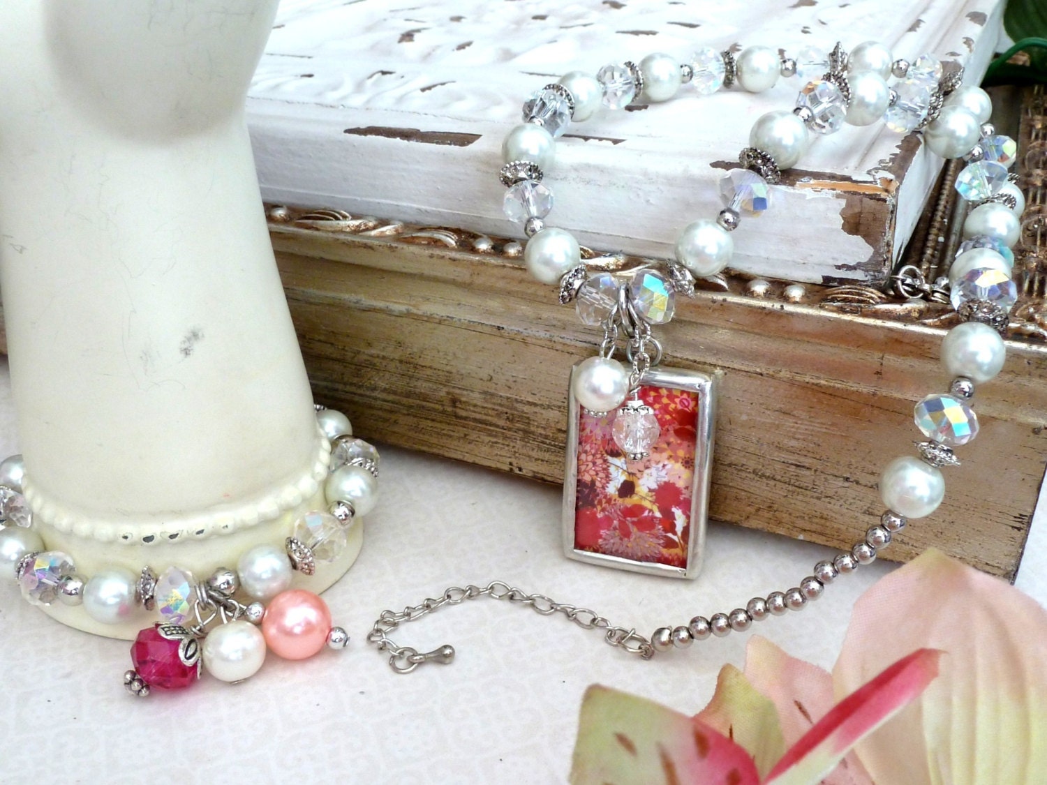 SISTER, SILVER, Soldered Pendant (Med), Beaded Necklace, and Beaded Bracelet, Pink & Pearl, Fireflyz Fireflies