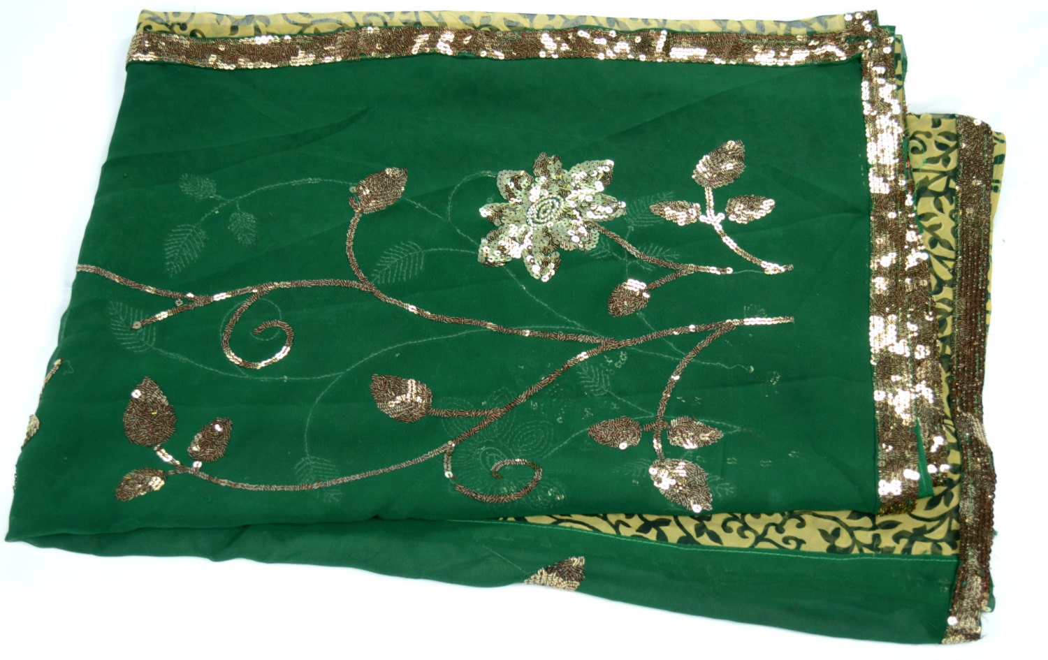 Pure Silk Light Weight Printed Sequined Green Indian Vintage 3 Yd Saree Sari  TP542