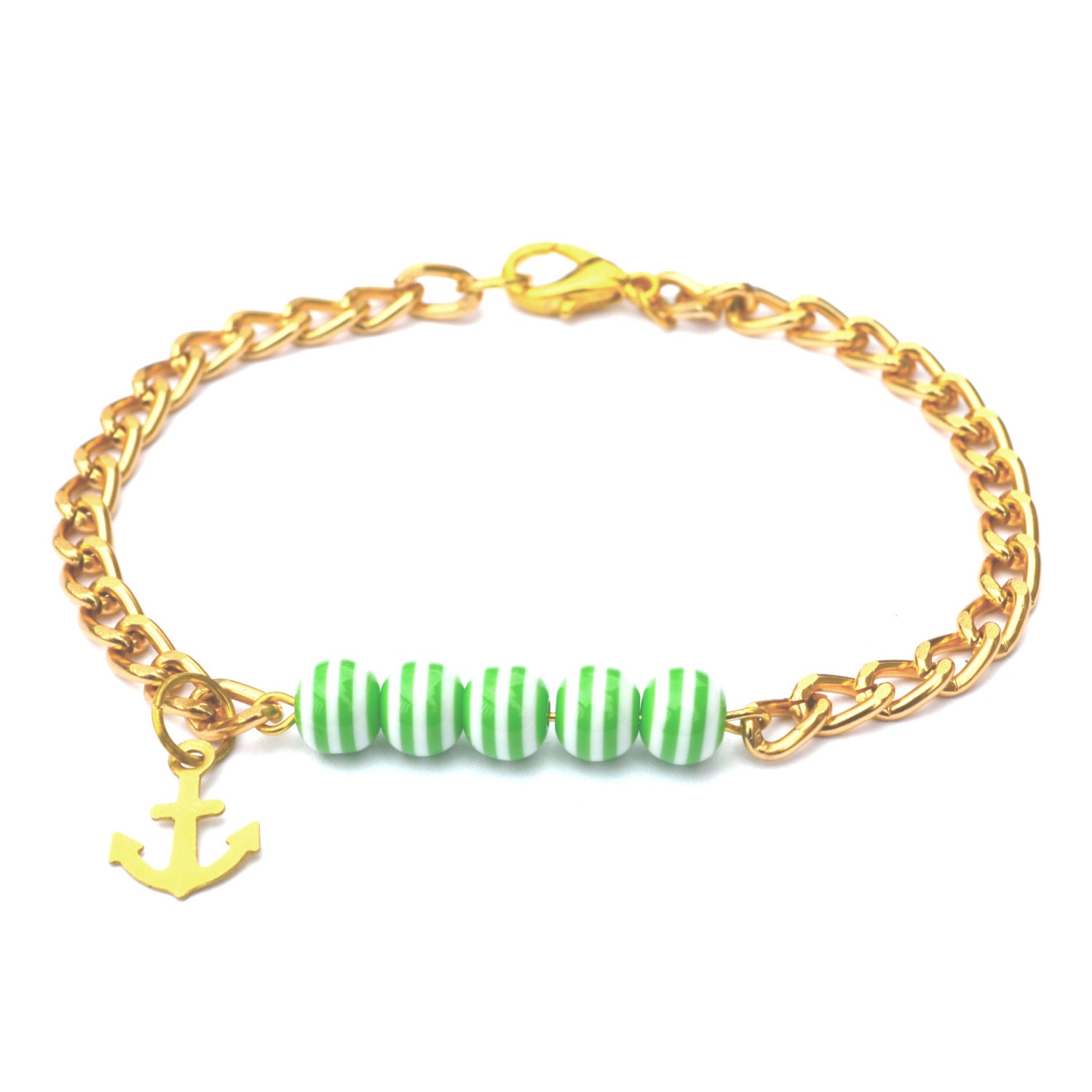 Paige Arm Candy Nautical Bracelet Delicate Green Striped Bead Bracelet Anchor Charm Bracelet Petite Gold Chain Bracelet Arm Candy