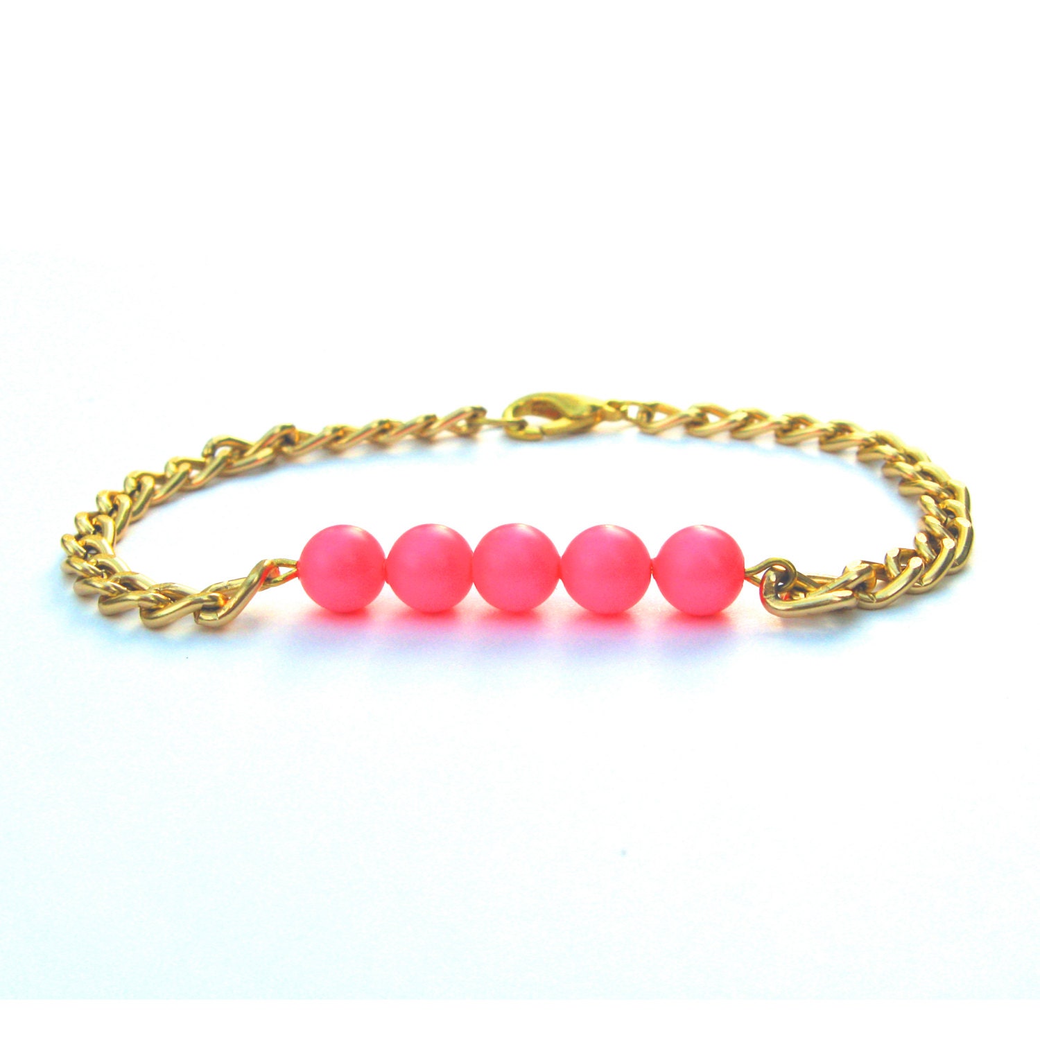 Spencer Arm Candy Neon Pink Pearl Bracelet Swarovski Elements Crystal Pearl Delicate Bead Bracelet Petite Gold Chain Bracelet Arm Candy