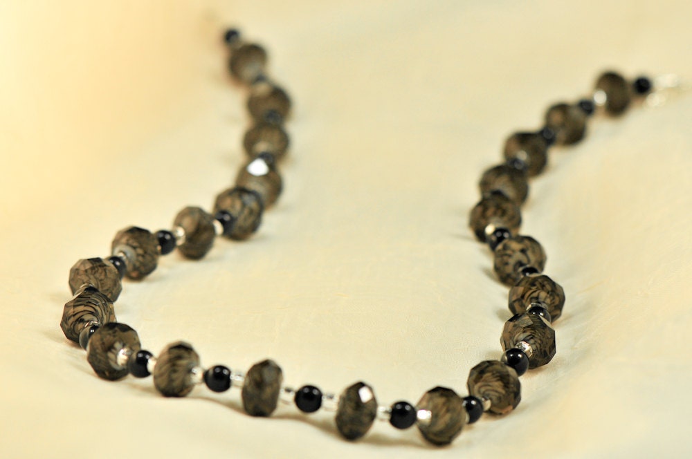 Smoky purple, black and white, swirled Chinese polished crystal and Czech glass necklace