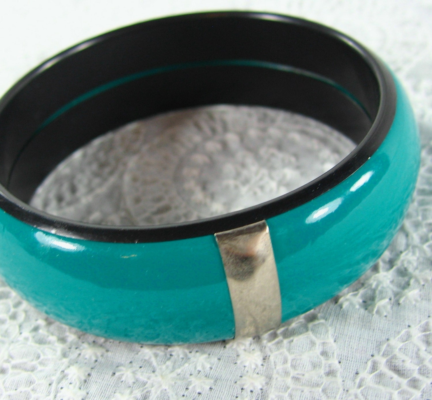 Vintage Bangle Bracelet, Turquoise Teal Blue Plastic, Black Trim, Wide Chunky, 1980s MOD Summer Jewelry