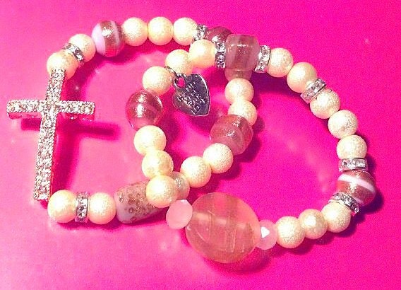 Beige Blush Elegance Cross Beaded Bracelet