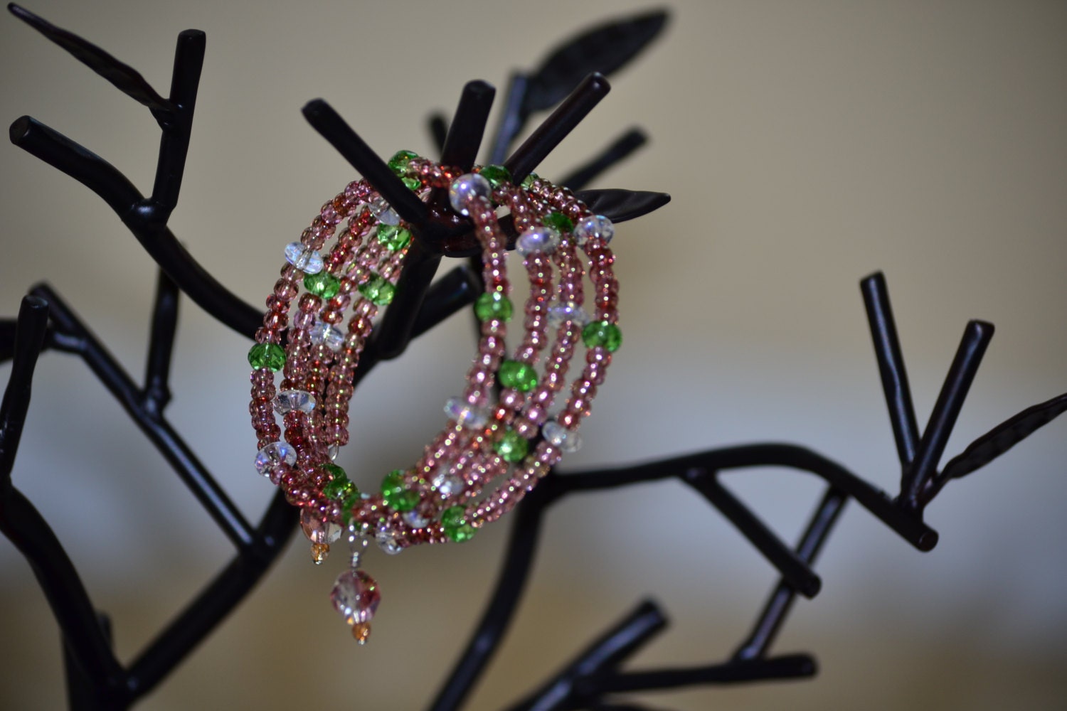 Rose seed bead bangle bracelet, cuff bracelet, memory wire bracelet