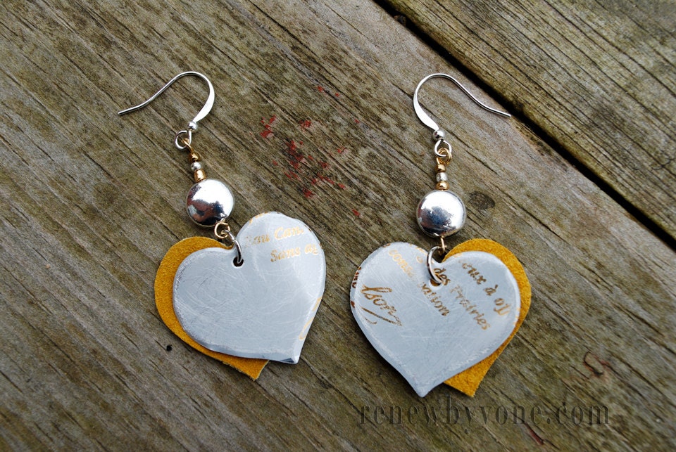 Recycled Aluminum Earrings - Silver and Gold Hearts