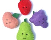 Felt Fruit Plushies - Pear Peach Grapes Strawberry Set of Cute Stuffed Foods - Fruit Salad Set A