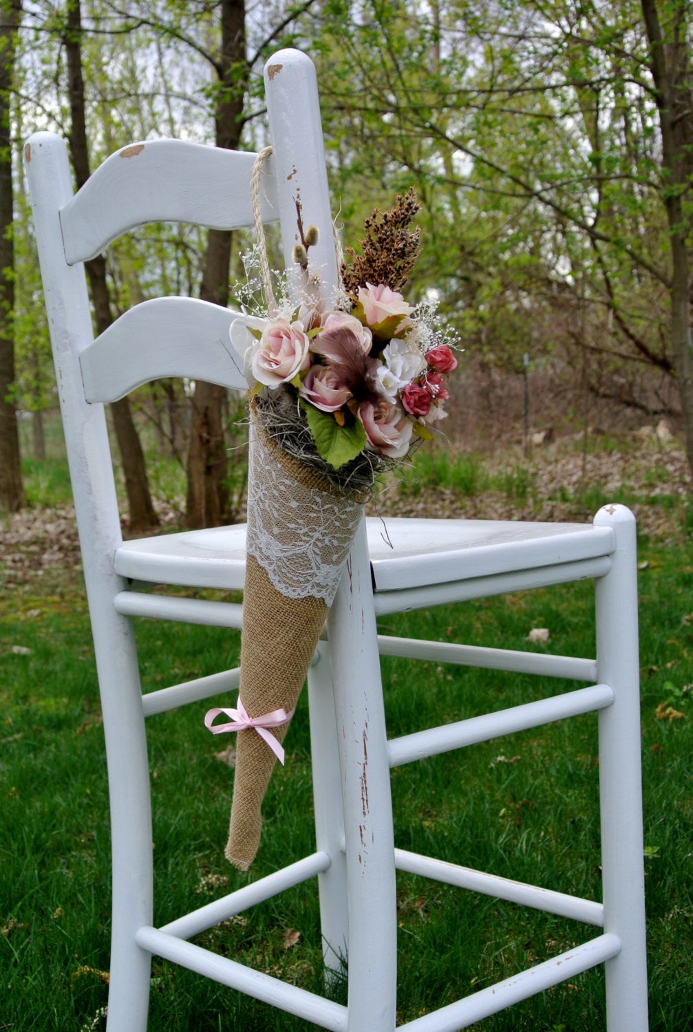 Vintage Looking Large Natural Burlap and Lace Flower Cone Double Wrapped Wedding Custom Made Life-Like Flowers for Aisles, Pews, Chairs