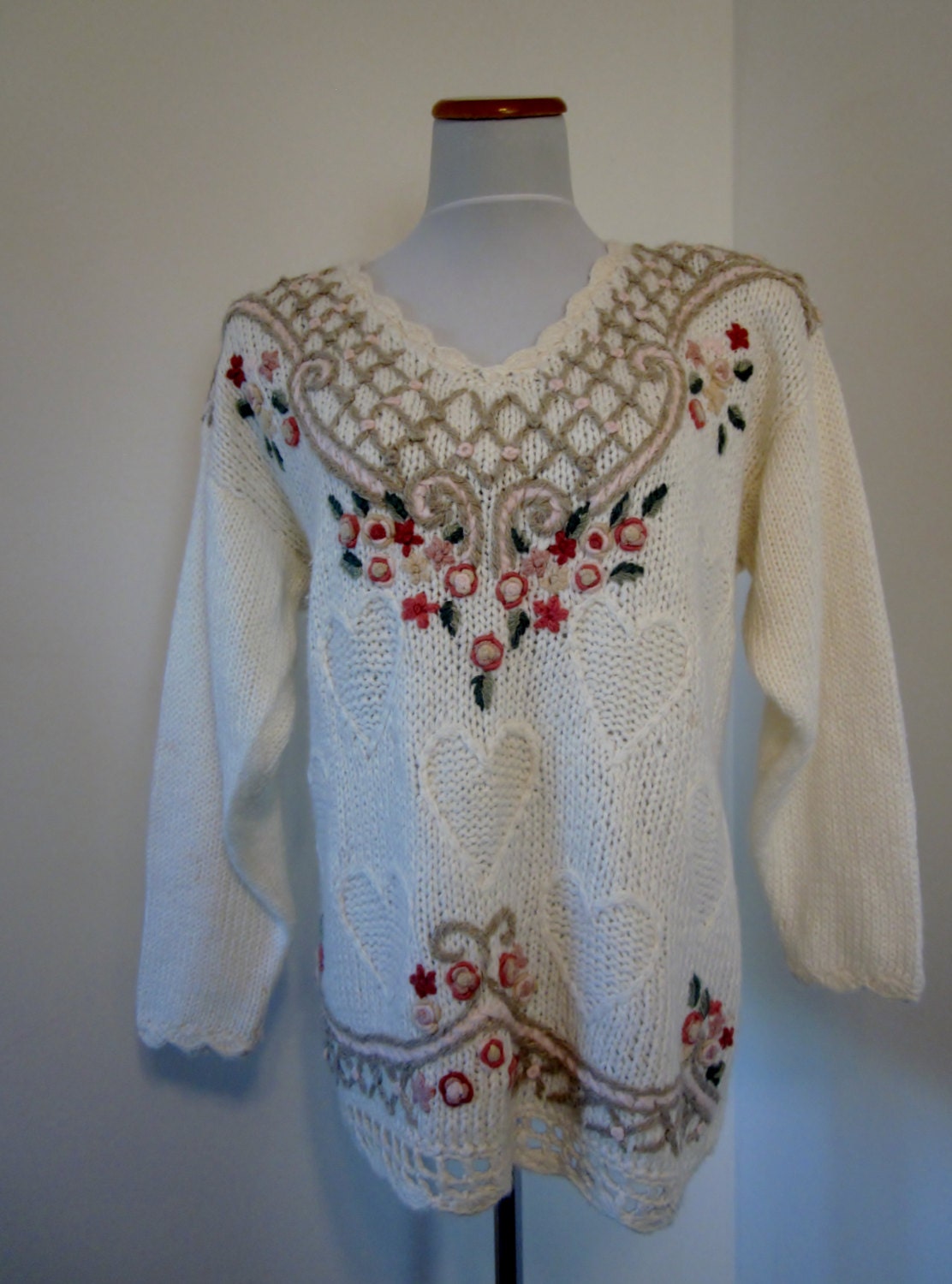 Vintage 80s Hand Knit Sweater V Neck Sweater with Hearts and Crocheted Flowers Womens M