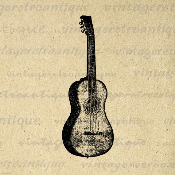 Acoustic Guitar Printable Graphic Download Antique Music Image Guitar Illustration Digital Vintage Clip Art for Transfers HQ 300dpi No.3693