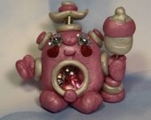 Polymer Clay Robot Baby Girl Cake Topper Figurine - Miniature Whimsical Character Sculpture - BubbleBellyBotBaby