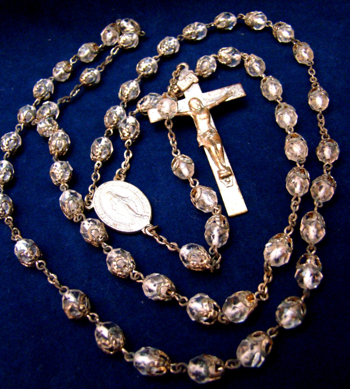Vintage ROSARY BEADS Costume Clear Plastic Faceted Beads with Silver tone Cross
