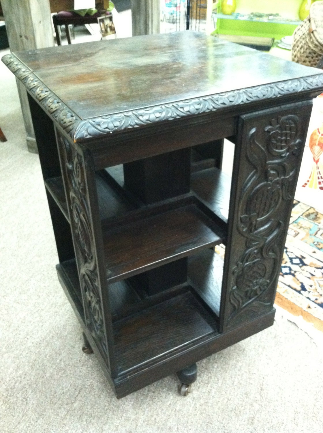 Gorgeous Antique English Carved Oak Revolving Library Bookcase circa 1900
