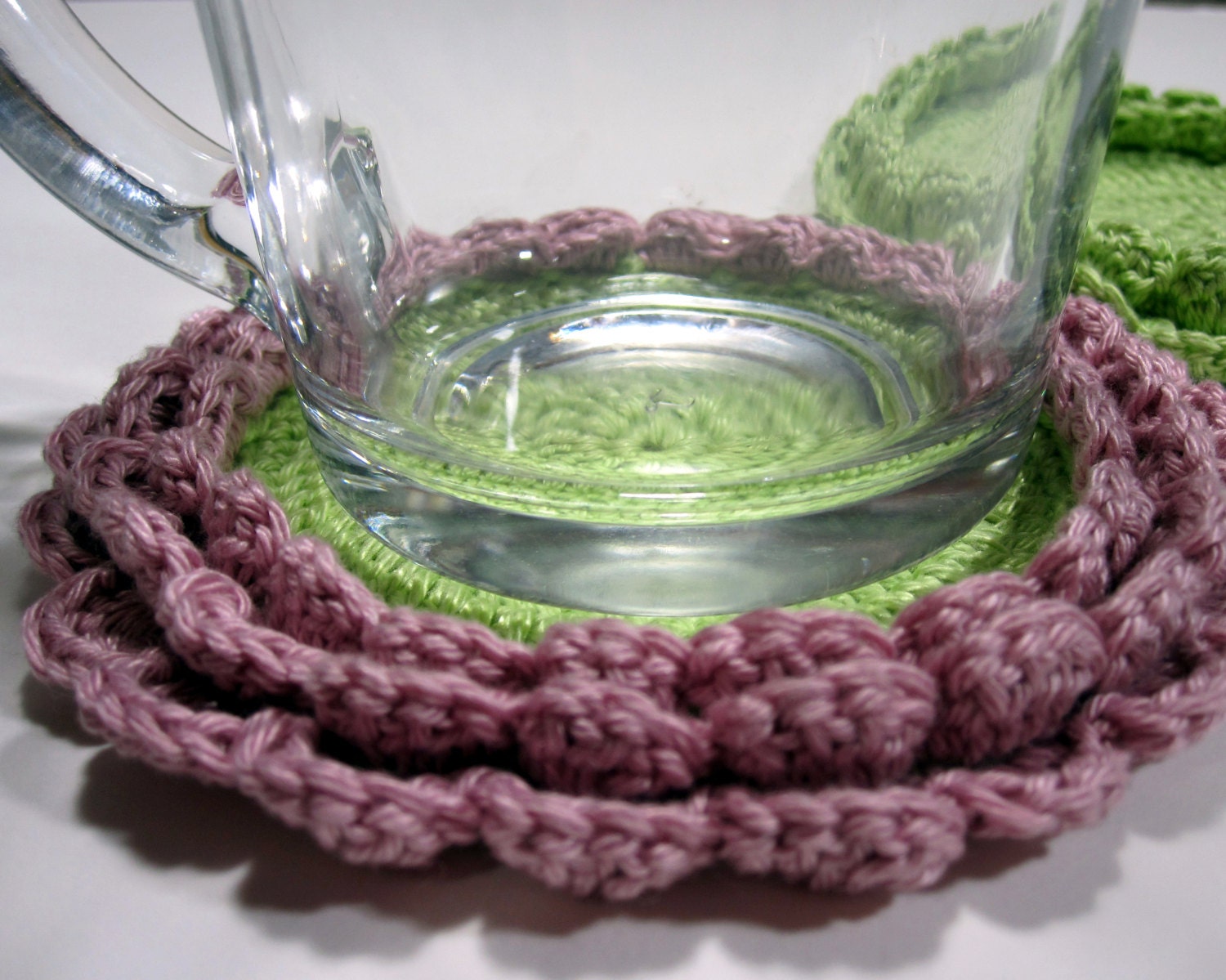 Set of 2 Green and Antique Pink Coasters. Handmade. Crochet.Kitchen Home Decor. Housewares.
