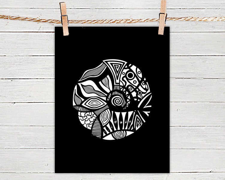 Poster Print 8x10 - Black Tribal Circle - of Fine Art Illustration for Your Wall Decor