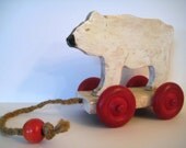Polar Bear Toy Reclaimed Wood Polar Bear on Wheels Folk Art Pull Toy Red and White Wood Carvers Country Rustic Animal Decor Handmade