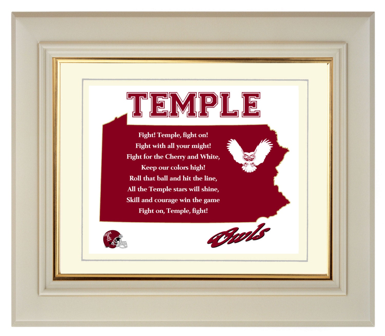 Temple University Owls Football Art Print Fight Song Pennsylvania State Map Gift Home Decor 8x10