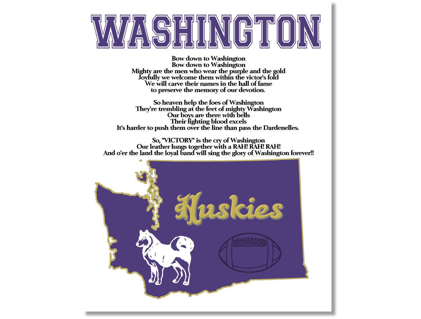 Football Art Print University of Washington State Map Huskies Fight Song 8x10