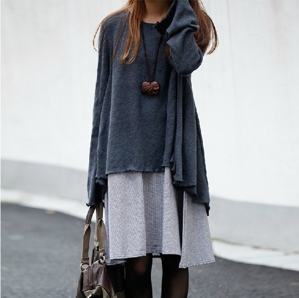 women's grey False two set  flax Sexy Casual big Pleat no pocket long sleeve cutton Linen Dress Day dress Sundress Maxi dress qz50
