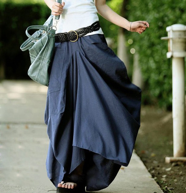 women's dark blue / dark red flax Sexy Casual big Pleat big pocket Linen cotton Maxi Dress Day dress Sundress Long Maxi Skirt qz32