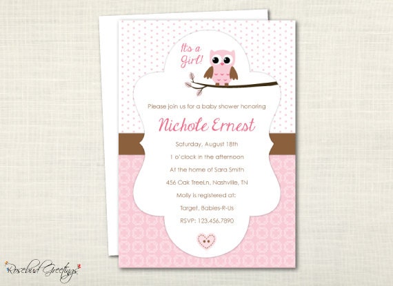 Pink Owl Girl Baby Shower Invitation - owl, heart, it's a girl - digital file, printable, print yourself Il_170x135