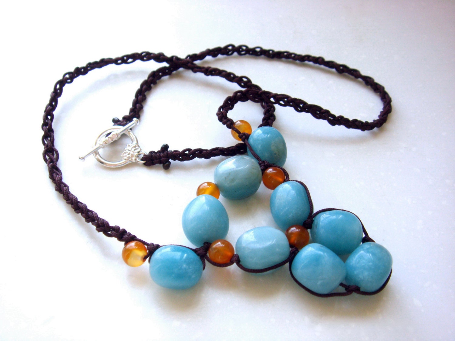 handmade boho Amazonite, orange agate beaded necklace with silver plated toggle clasp