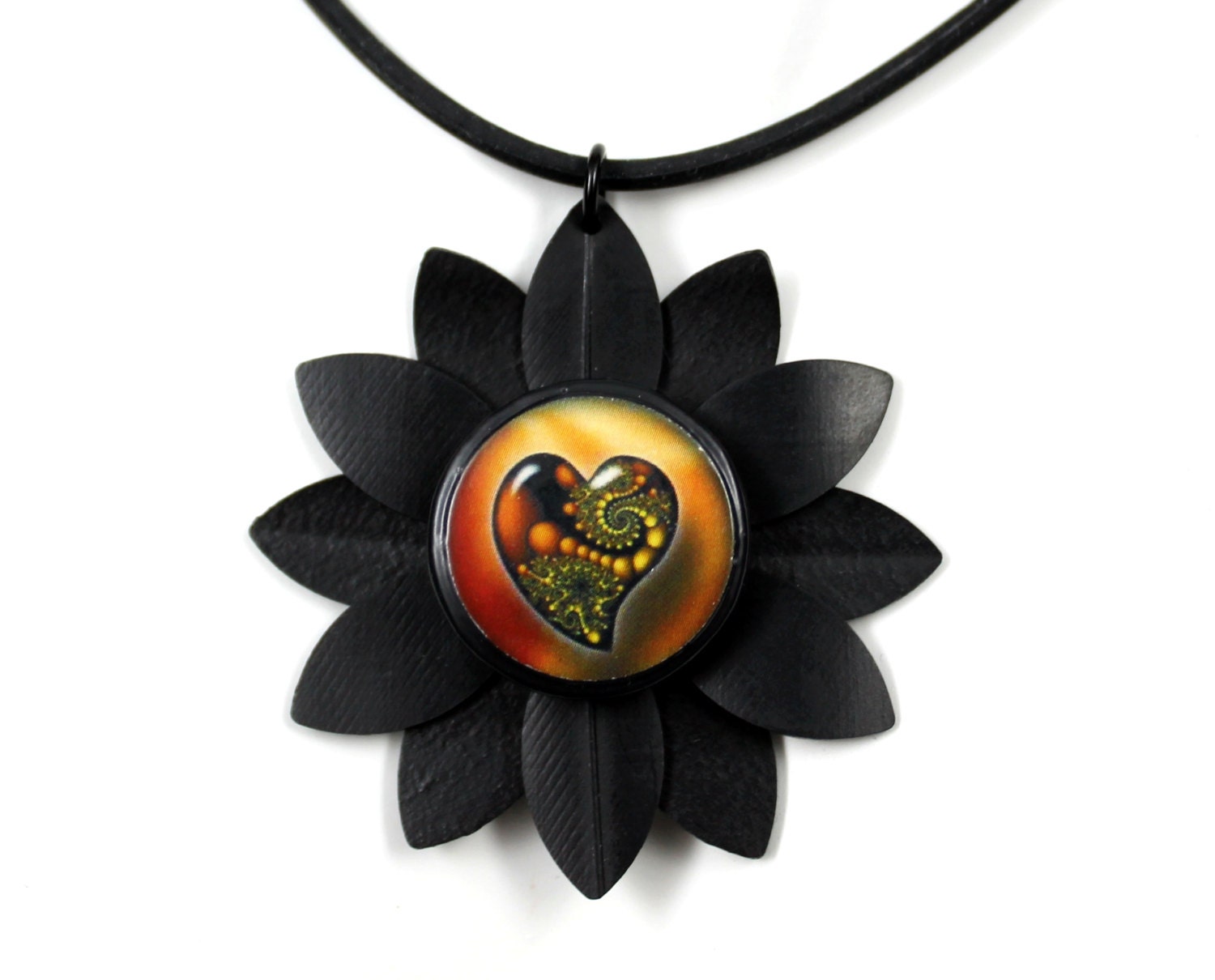 Recycled Bike Inner Tube Daisy Flower Necklace w/ Red Orange Fractal Heart - Upcycled Bike Jewelry, Math Nerd Geek Jewelry