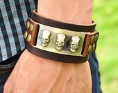 brown real leather bracelet, men bracelet cuff, skull heads rivet bangle, boy jewelry bracelet  FRZ0256