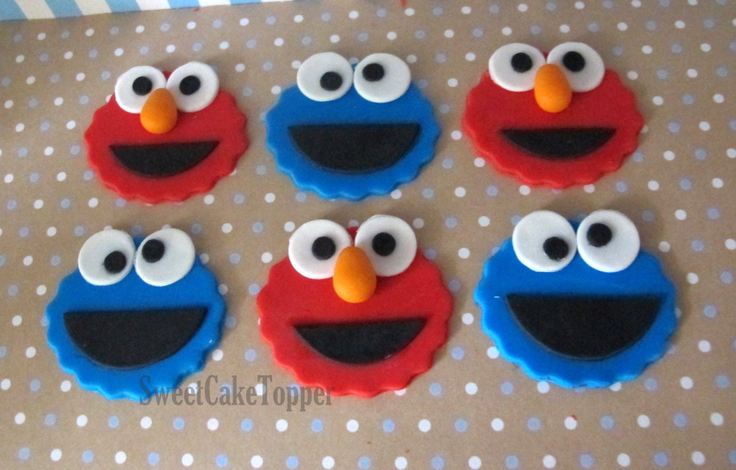 Elmo and Cookie Monster Inspired Cupcake Topper - Handmade Edible Fondant Cupcake Topper - 12 Pcs