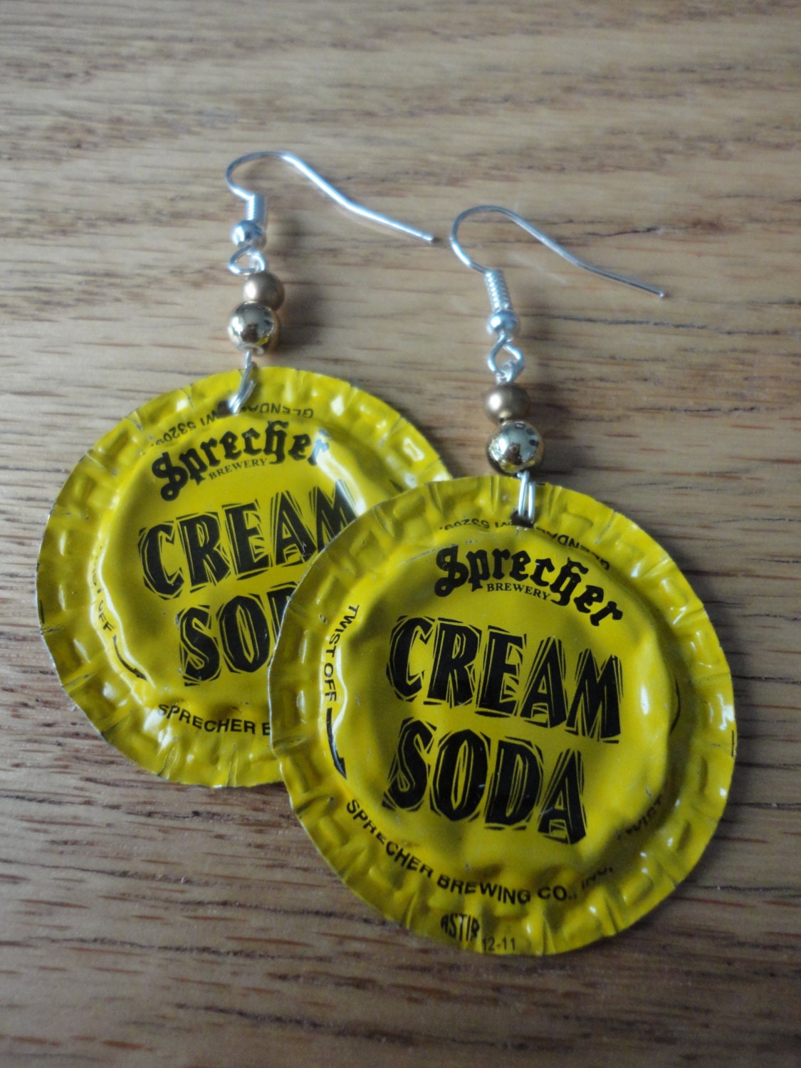 Recycled Cream Soda Bottle-Cap Earrings (with gold beads)