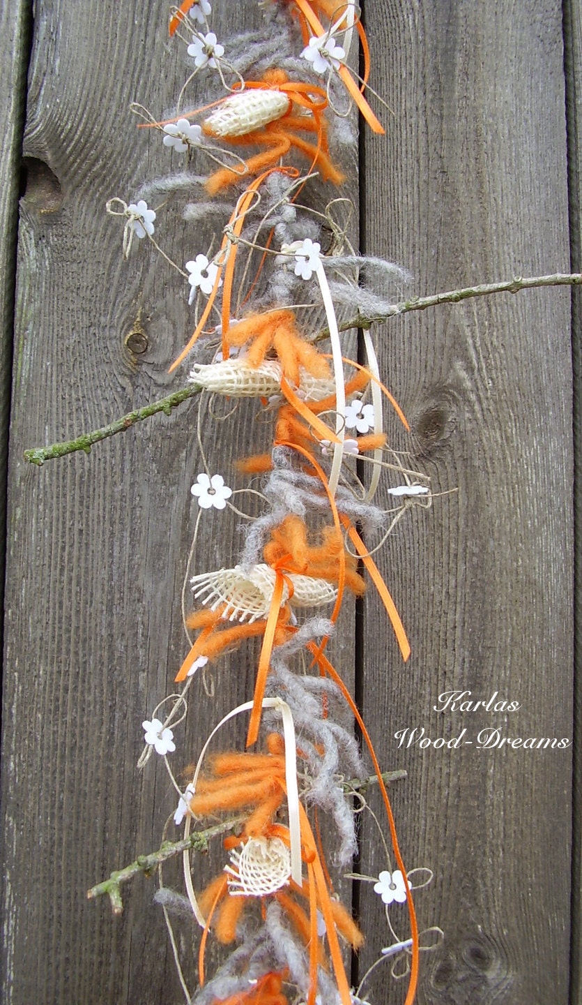 Window decoration "Happy flower" orange, white, flower, hippie, OOAK, nature, Waldorf, felt, eco friendly, organic, size 39.4 x 7.9 inch