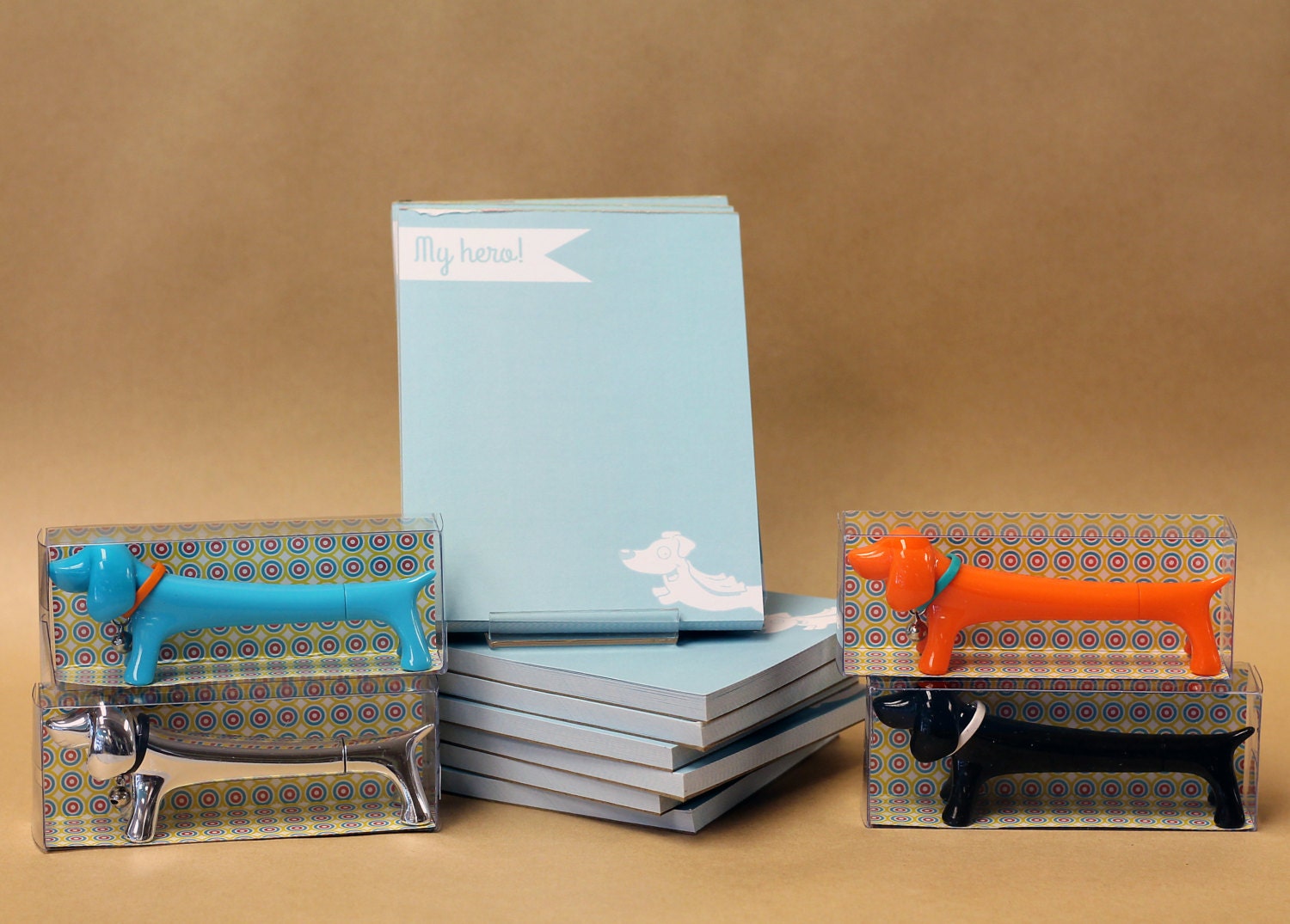 My Hero Notepad and Dachshund Pen Set // Jingle Dog Pen in Four Colors // Doxie