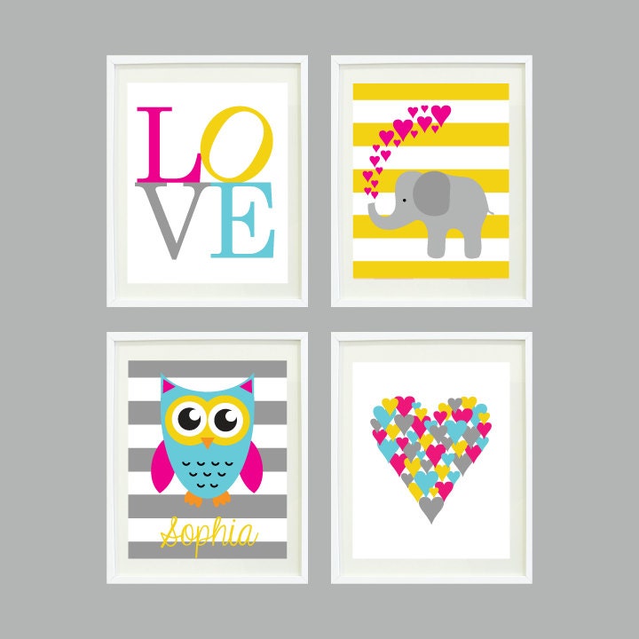 Set of Four Prints for Kids Room, Nursery, Home Decor - 8x10 - LOVE, Elephant, Owl, Heart - Aqua, Hot Pink, Yellow, Grey OR Choose Colors
