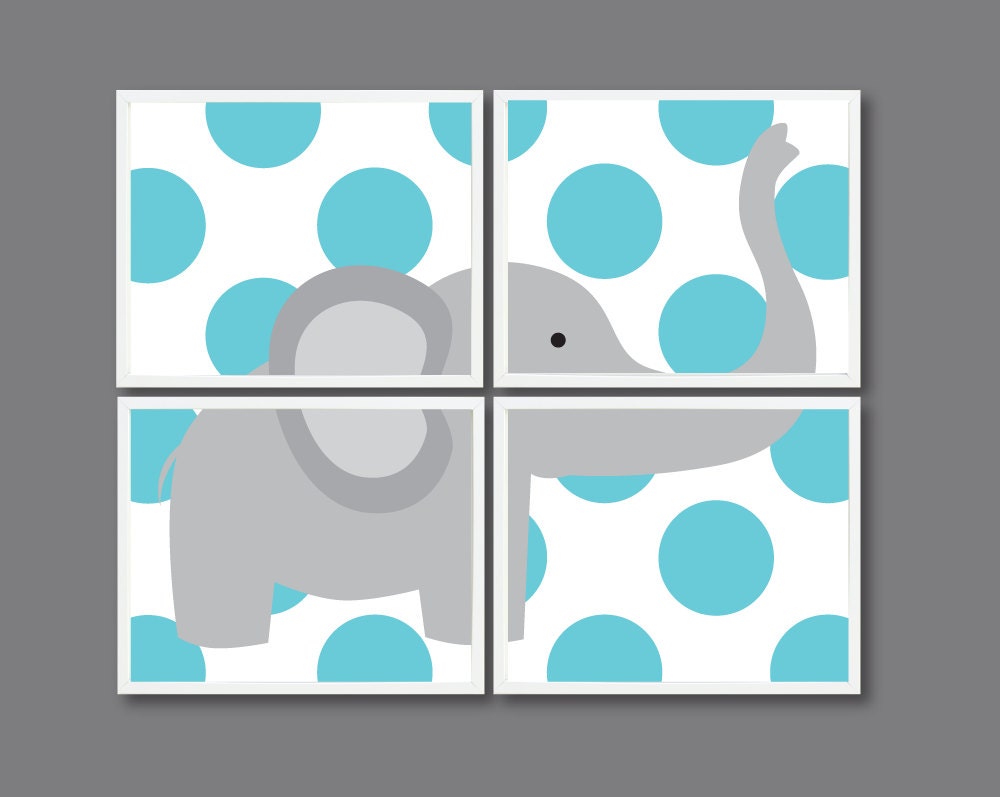 Elephant Nursery Art Print Set of Four - 8x10 - Polka Dots - Kids Room, Nursery, Home Decor - Blue and Grey/Gray OR Choose Colors - 4