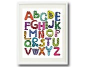 Monster Alphabet Art Print-11x14-Green, Red, Blue, Pink, Orange, Aqua, Yellow, Purple-Nursery, Kids Room, ABC-Girls or Boys Bedroom