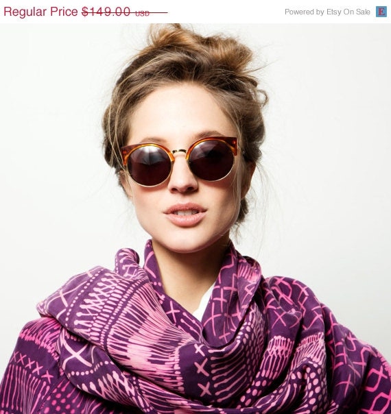 ON SALE Purple and neon pink scarf, Springtime woman fashion Giant scarf, Woman shawl, Hand Screen printed textile by Dikla Levsky