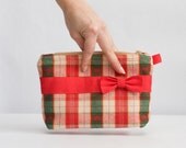 Plaid Cosmetic Zipper Pouch, Red, Cream and Green Bag Cream Line, Ribbon Makeup Organizer Bag, Valentine's Day gift