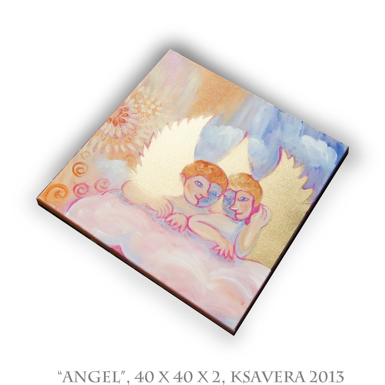 Cupid portrait Painting for kids room Surreal Guardian Angel Abstract two KSAVERA 16x16 Pastel nursery wall art decor baby acrylic on canvas