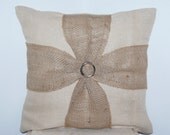 Burlap Linen Bow Square Throw Pillow Vintage Upcycled Metal Buckle Loop Twist Brown Beige Cream Shabby Chic Medium Size 16 x 16