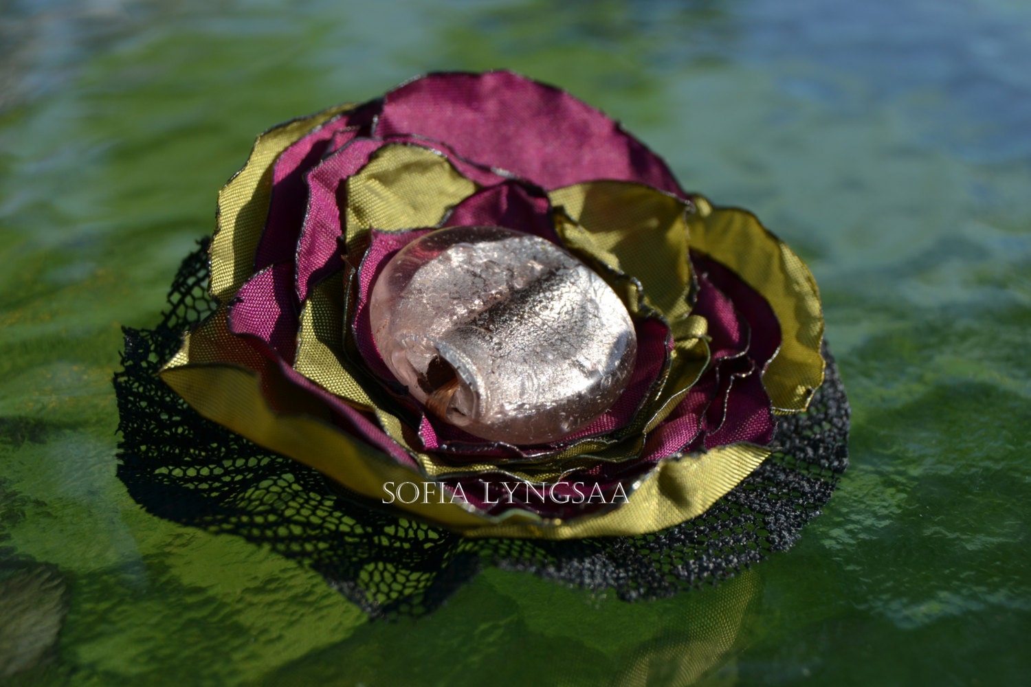 4. Handmade Organza/ Synthetic Fabric Flower Brooch in Medium Violet/ Red/ Dark Khaki/ Black, with Large MistyRose Glass Bead, Free Shipping