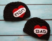 Twin boys hat set photography prop love mom love dad heart tattoo hat beanie infant boy photo prop - MADE TO ORDER