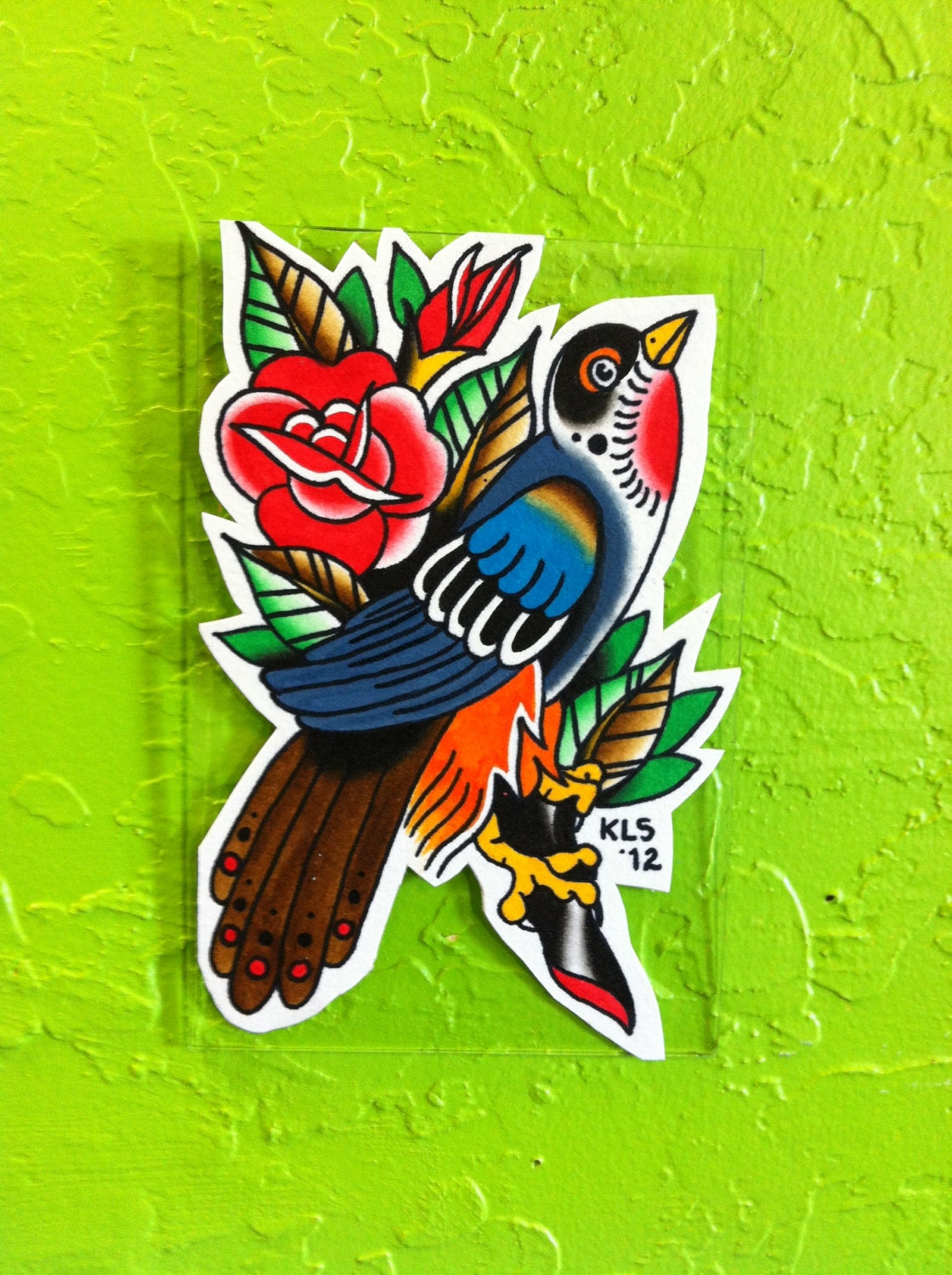 Traditional Bird and Rose Original Mounted on Glass by Kristina