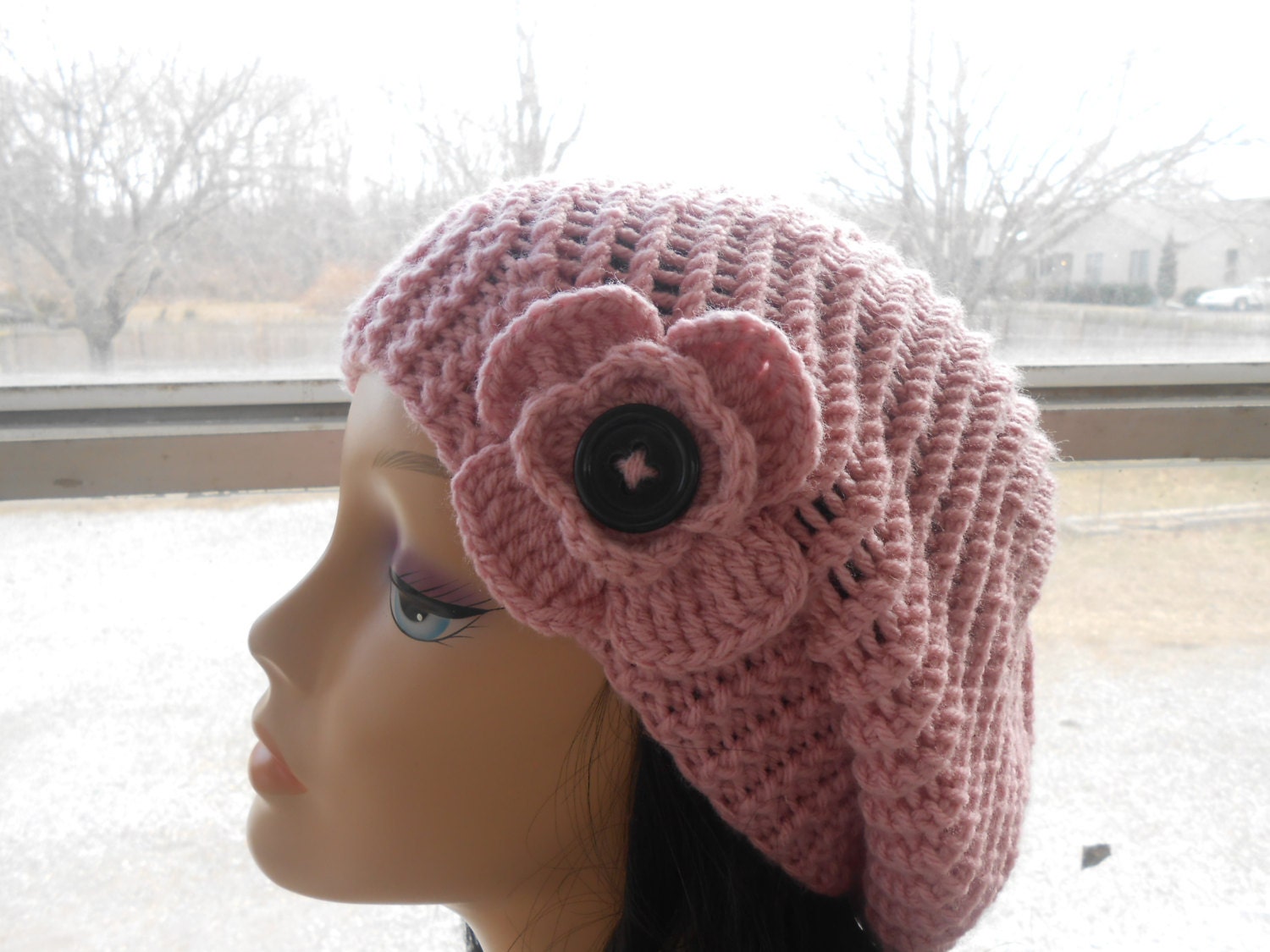 hat with flower,womens accessory,Hand Made Knit,Slouchy Beanie,Slouch Hats Oversized