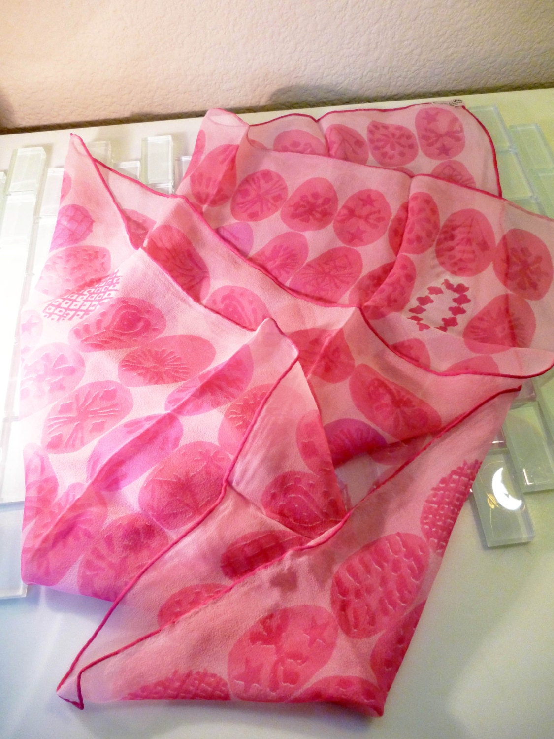 Vintage Mid Century VERA 100% Silk Scarf Pink Rose Magenta Circles Polka Dots Abstract Made in Japan