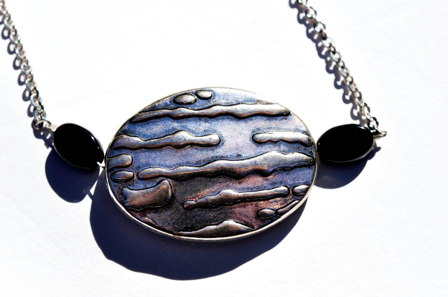 Silver chain, black & weathered silver oval pendant beads. Simple necklace. Free postage - OneOfMineBeadDee