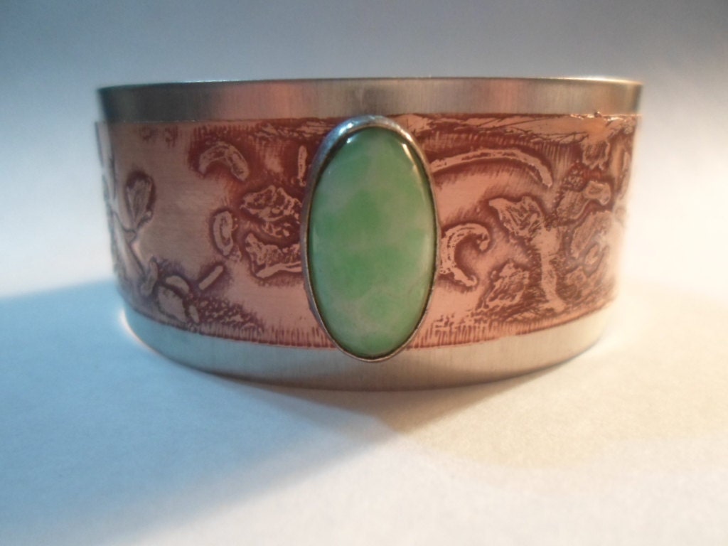 Beautiful Handmade Etched Flower / Floral Design on Copper and Silver Aluminum With Lite Green Stone Cuff Bracelet, Great Gift