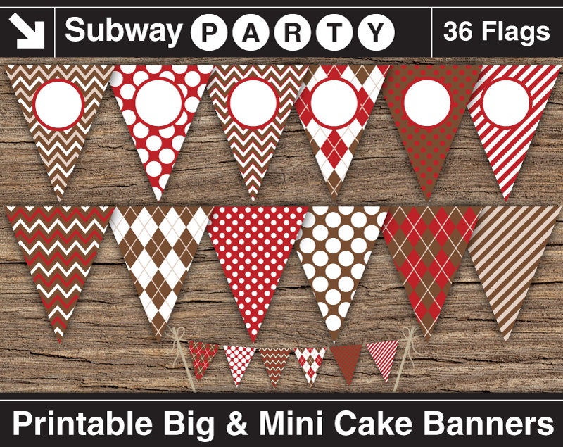 INSTANT DOWNLOAD Printable Birthday Party Banners - Big and Mini Cake Bunting. Sock Monkey Inspired. Add You Own Text / Clipart DIY jpg