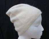 Cashmere  Angora Hat. White wool, beanie style headwarmer. Retro headwear slouch.