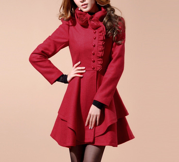 Black/ Red wool women coat
 lace women dress coat Apring Autumn Winter --CO092